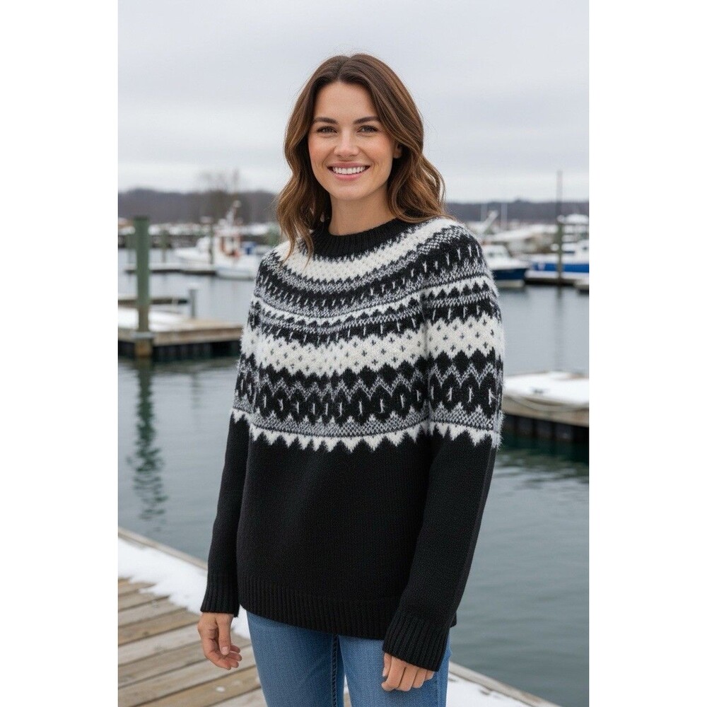 Talbots NEW Fair Isle Fuzzy Long Sleeve Black White Winter Sweater Size Medium